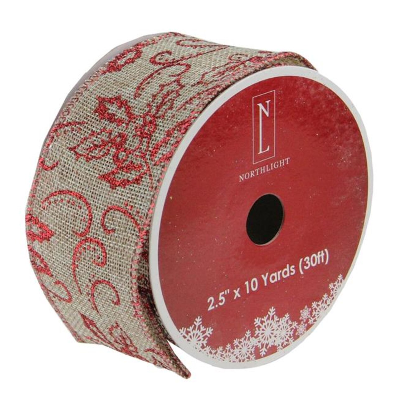 Northlight 32621201 2.5 x 10 in. Holly Burlap Wired Christmas Craft Ribbon Yards, Red &#x26; Beige